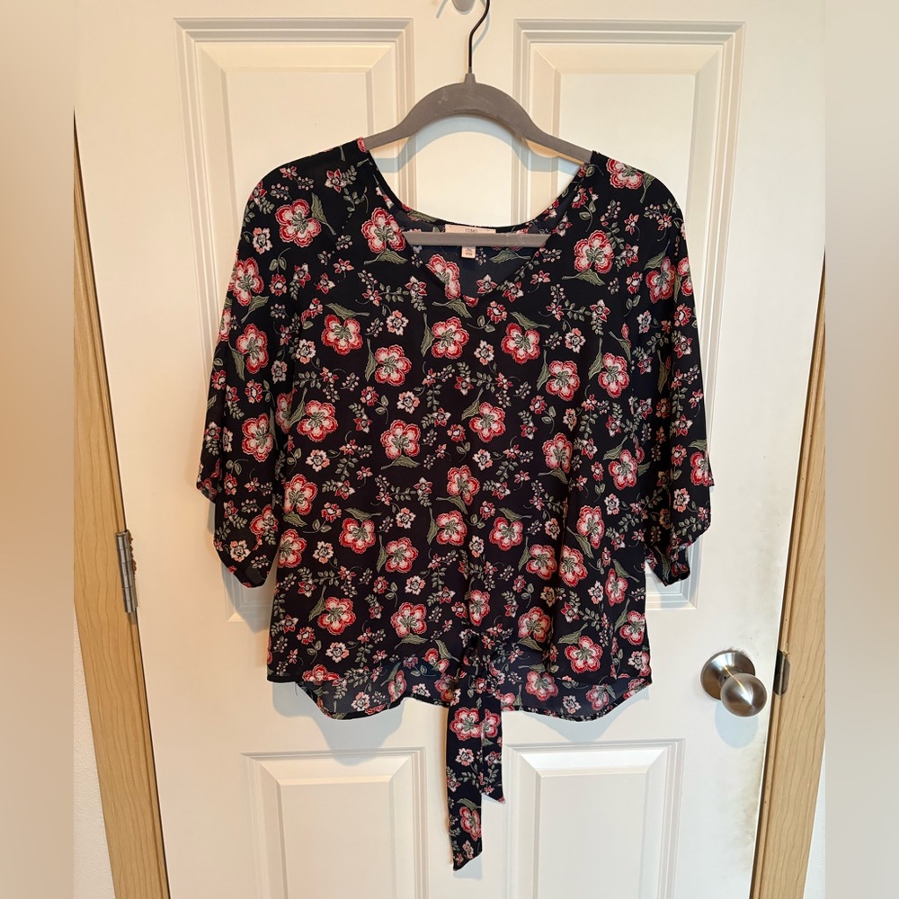 Como Vintage Black Floral Tie-Front Top with Pink and White Blooms